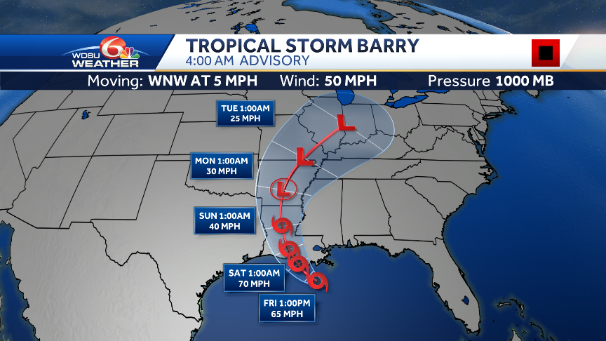 KweilynMurphyTV's tweet photo. BARRY: 4am CT Advisory. Some strengthening is expected during the next day or so. Barry could become a hurricane when the center is near the LA coast. Flash flooding will become increasingly likely, possibly significant, especially along and E of the track of the system. @wdsu https://t.co/nma5br1Vk2