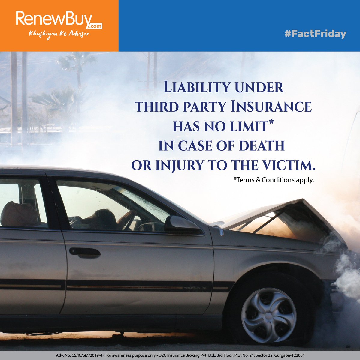 RenewBuy's tweet photo. Did you know in third party insurance, the liability is fully covered in case of death or bodily injury.  
#FridayFact #Friday #InsuranceFact #ThirdPartyOnly #ComprehensivePlan #MotorInsuranceFact #CarInsurance #Insurance #RenewBuy #KhushiyonKeAdvisor https://t.co/63b09rRKLy