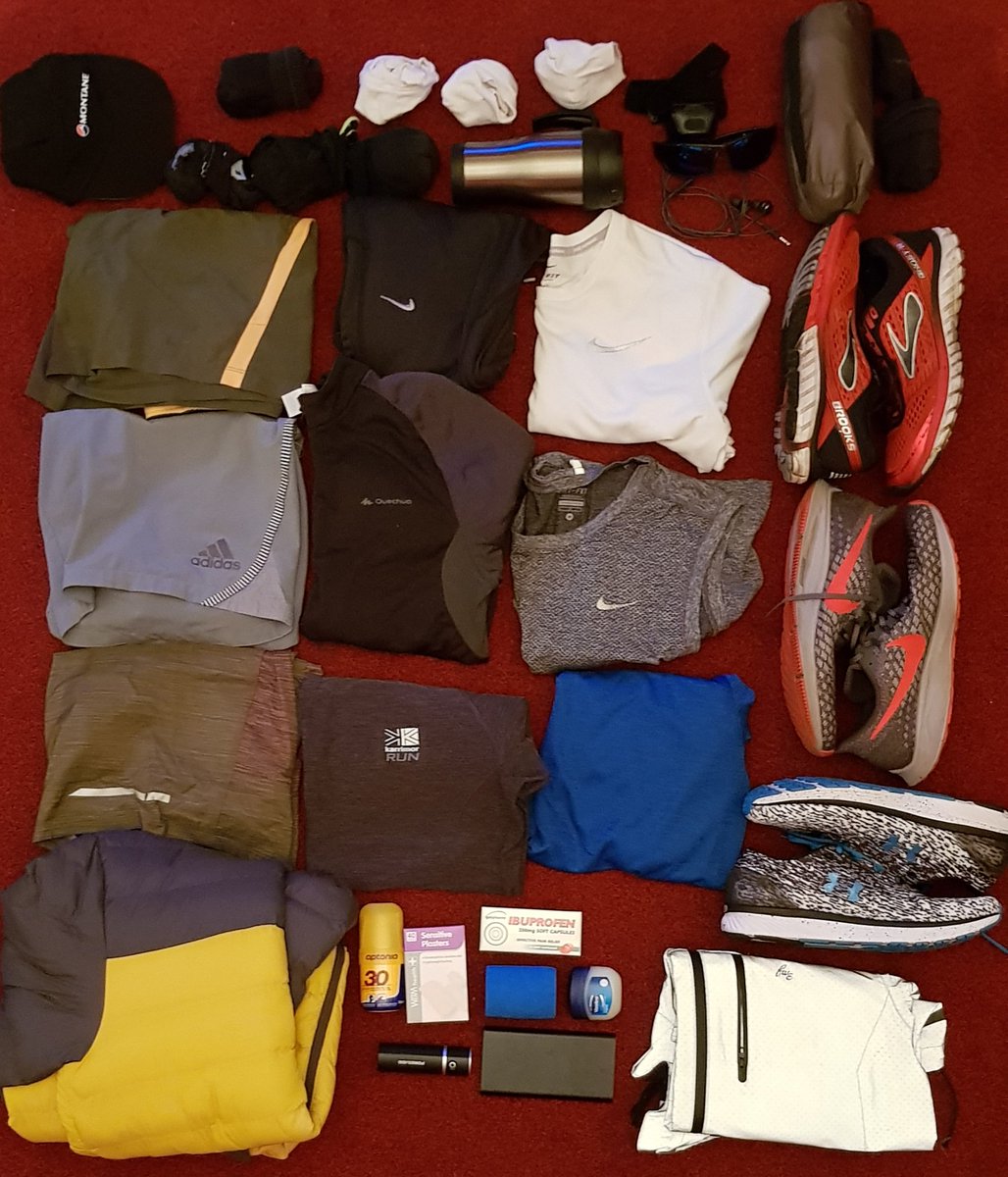 JamesSCassidy1's tweet photo. Just over 24hrs to go until #edinburgh24 so heres an obligatory kit pic!
* 3 pairs trainers
* 5 tops
* 3 shorts
* 2 tights/trousers
* 8 socks
* 2 jackets
* 2 hats
* sunglasses
* 2 power packs
* suncream, vaseline, plasters
Is only part of it, and doesnt include snacks!! https://t.co/Gc2cF0cvLg