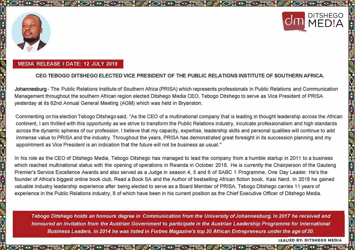 TebogoDitshego's tweet photo. News: I'm proud to announce that yesterday I was elected Vice President of the Public Relations Institute of Southern Africa (PRISA) @1PRISA at its 62nd Annual General Meeting held in Bryanston. Thank you to my counterparts in the industry for the vote of confidence. https://t.co/ayKX7udovA