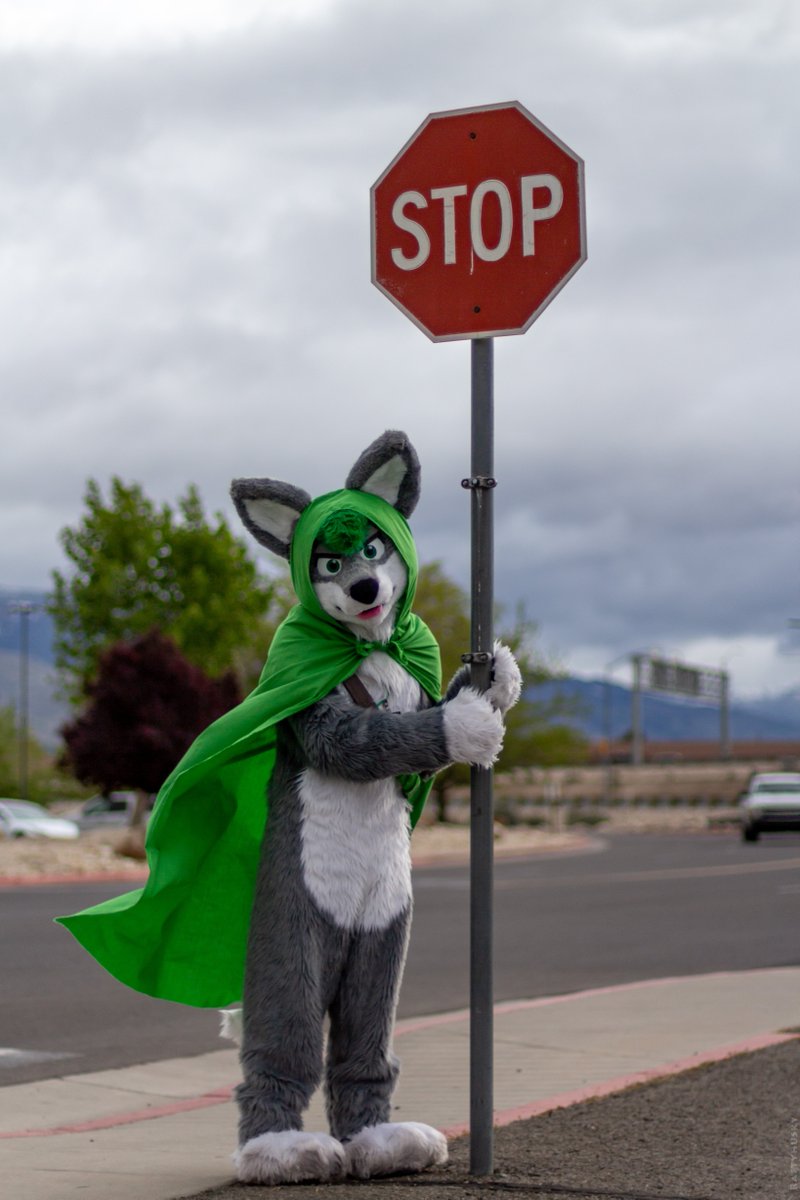 Fylwind stands next to a stop sign and holds it