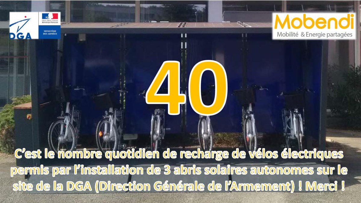 Le ministère des armées @Defense_gouv nous a fait confiance pour équiper le site de la <a href="/DGA/">Direction générale de l'armement 🇫🇷</a> de Bruz de 3 abris solaires et de 18 vélos électriques permettant aux 1400 employés de se déplacer sur les 100 hectares du site. Un projet de mobilité douce ? mobendi.com