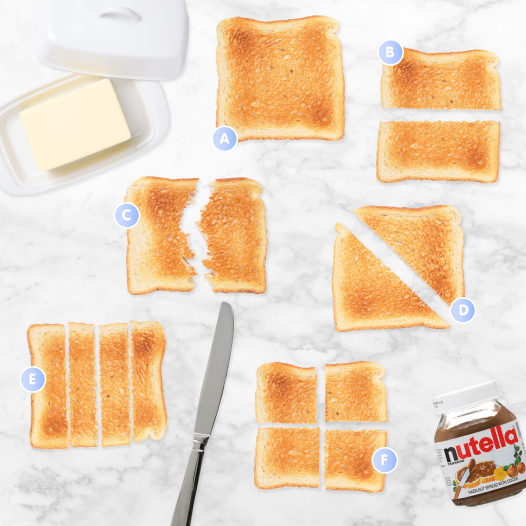 bmstores's tweet photo. Solve an office debate!
WHICH of these is the correct way to cut toast๐ค?
Spoiler; it's definitely F ๐#ToastTrivia https://t.co/VmFmjHnWtJ