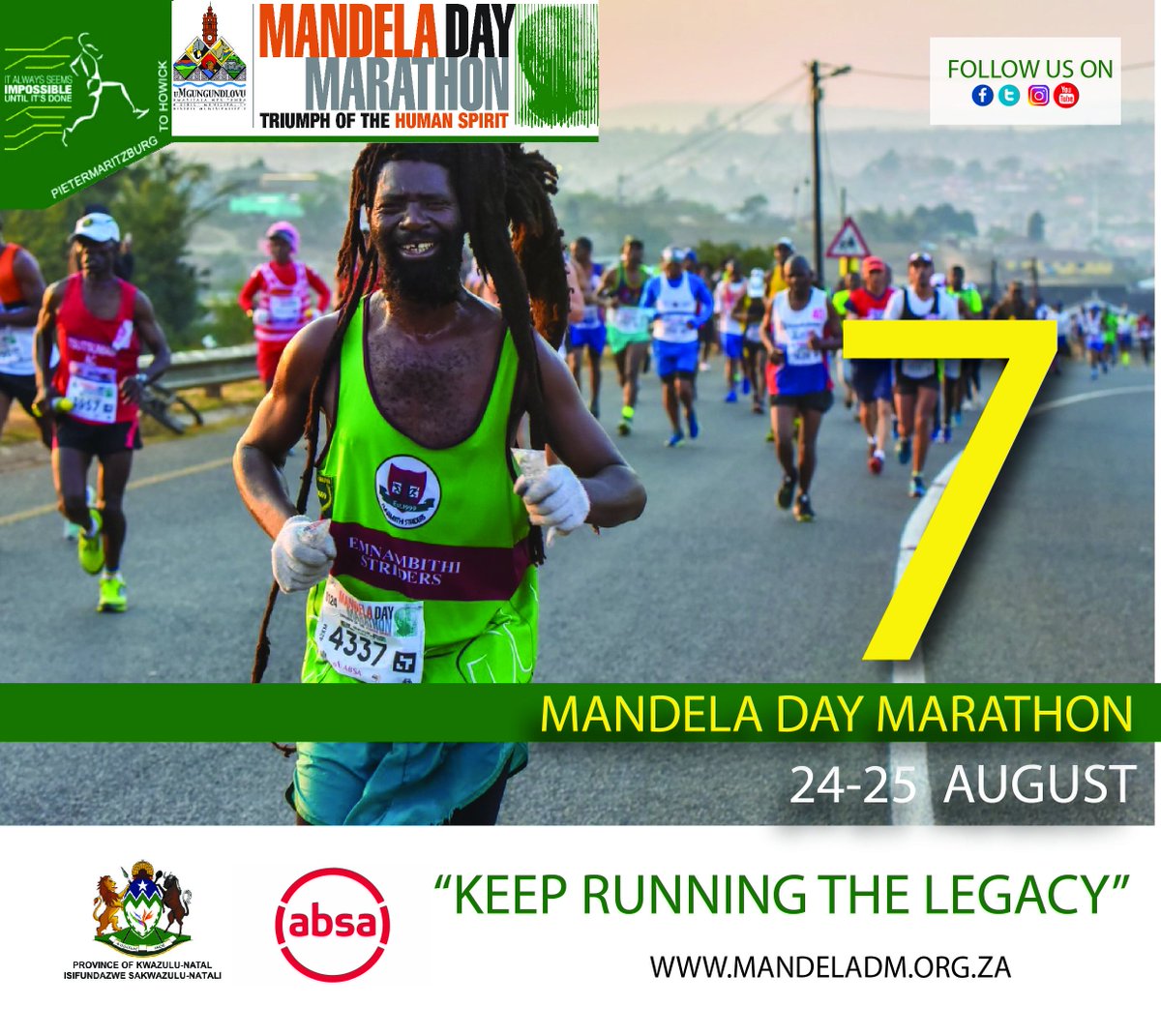 kzncogta's tweet photo. News: We are 7 days away from the closing of entries for the Mandela Day Marathon. Enter Now!! Visit https://t.co/wwIhI90fBH. #RunForMadiba #KeepRunningTheLegacy https://t.co/SLtjwdVobH