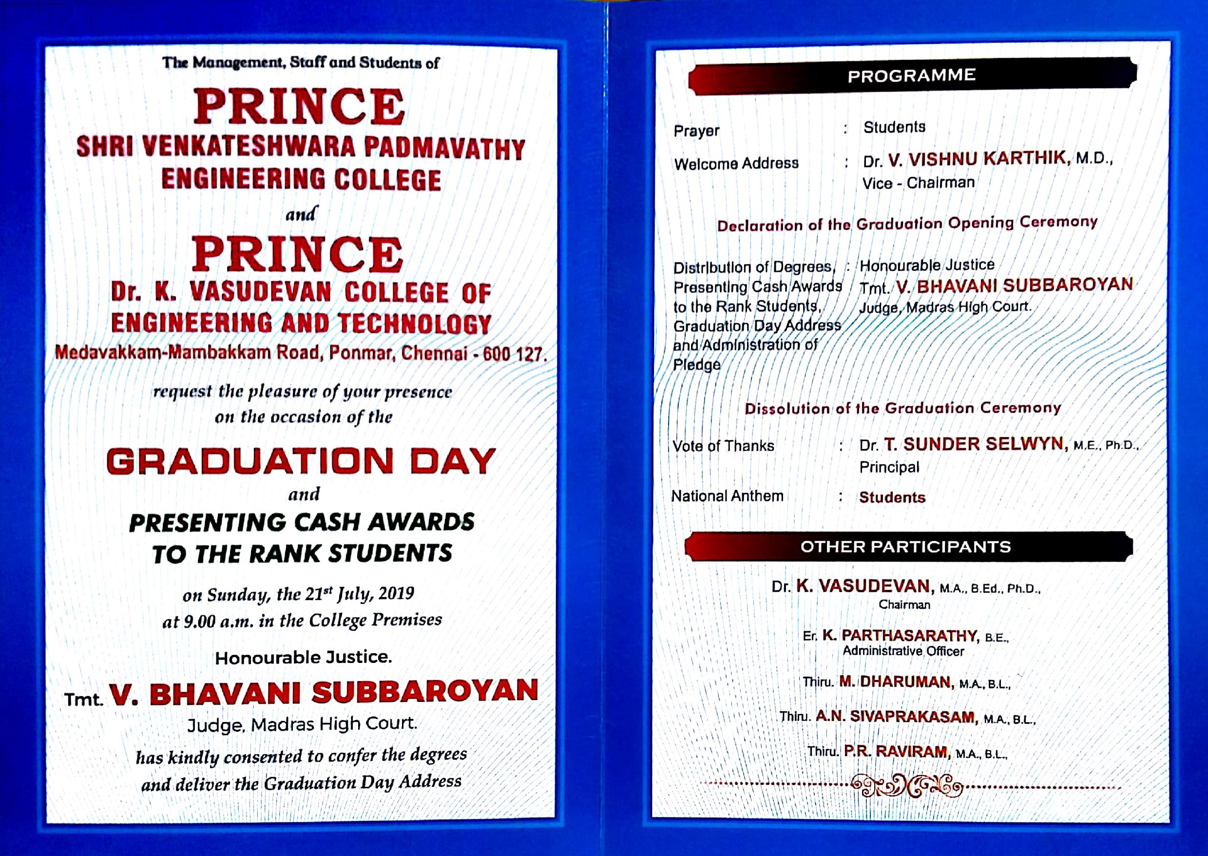 Psvpec 14th Graduation Day Of Prince Shri Venkateshwara Padmavathy Engineering College And 6th Graduation Day Of Prince Dr K Vasudevan College Of Engineering And Technology Will Be Held On 21st