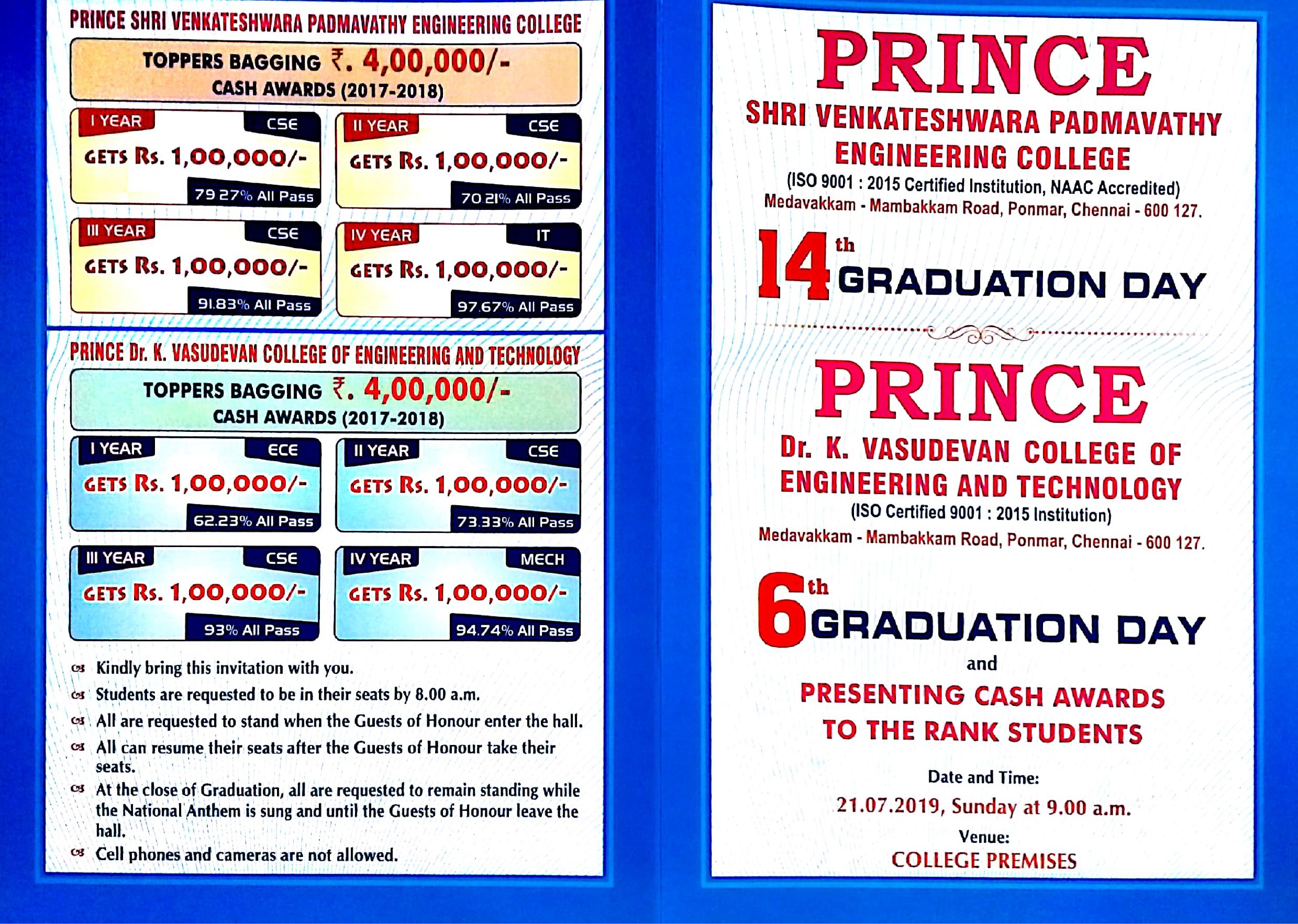 Psvpec 14th Graduation Day Of Prince Shri Venkateshwara Padmavathy Engineering College And 6th Graduation Day Of Prince Dr K Vasudevan College Of Engineering And Technology Will Be Held On 21st
