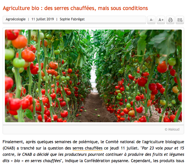 {NEWS} Les #serres #bio pourront continuer à être chauffées en France à condition d'utiliser des énergies renouvelables... TERRAOTHERM réduit fortement les conso de gaz par le recyclage des calories de l'air chaud et humide :
actu-environnement.com/ae/news/Agricu…