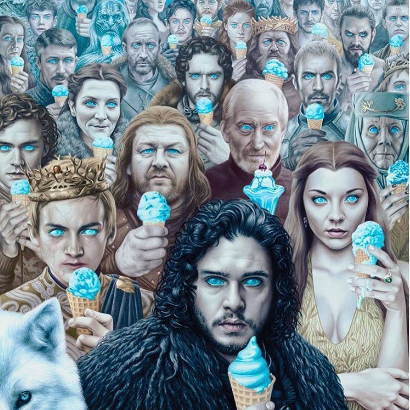 legeekcestchic's tweet photo. Les personnages de #gameofthrones sont accros à la #junkfood 🍕🍪🍩🍭🍿🍦🍔 #fanart by : @artofalexgross  #got #jonsnow #daenerys #aryastark #winteriscoming #nightking #daenerystargaryen #popfood #popsurrealism #popculture #geek #epic #legeekcestchic https://t.co/IZEGoxEYgl