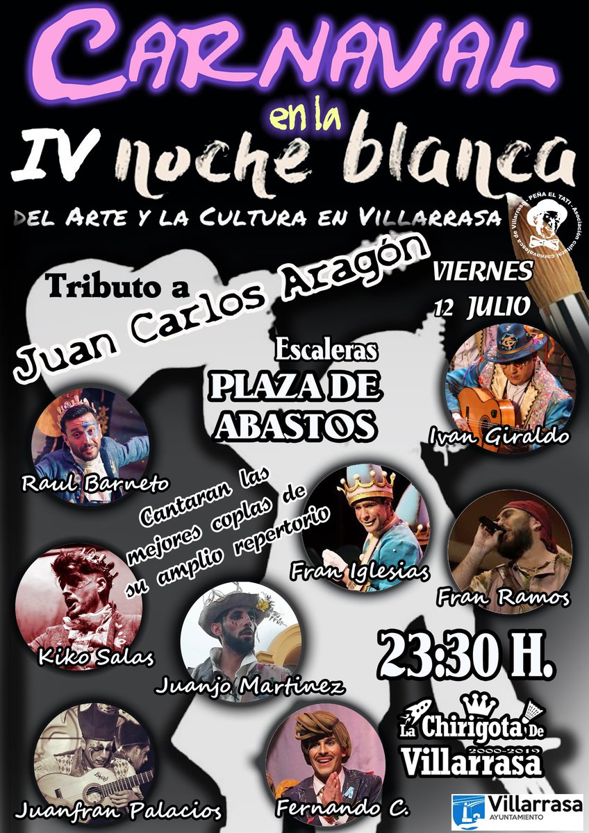 Hoy tenemos una cita con las coplas del Eterno Capitan Veneno!! Plaza de Abastos, 23,30 h. Micro abierto!!! <a href="/comparsajc/">La Comparsa de Juan Carlos Aragón</a> <a href="/carnavalypunto/">Carnaval y Punto</a> <a href="/CarnavalBubulca/">Carnaval Bollullos</a> <a href="/VillarrasaH/">Villarrasa Huelva</a>