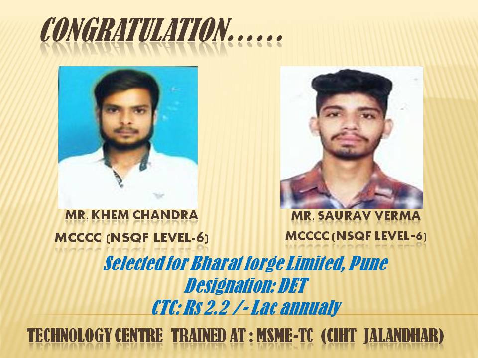 #MYMSME congratulations to trainees of CIHT, Jalandhar on their selection for Bharat Forge, Pune https://t.co/q8WX1AyOcx