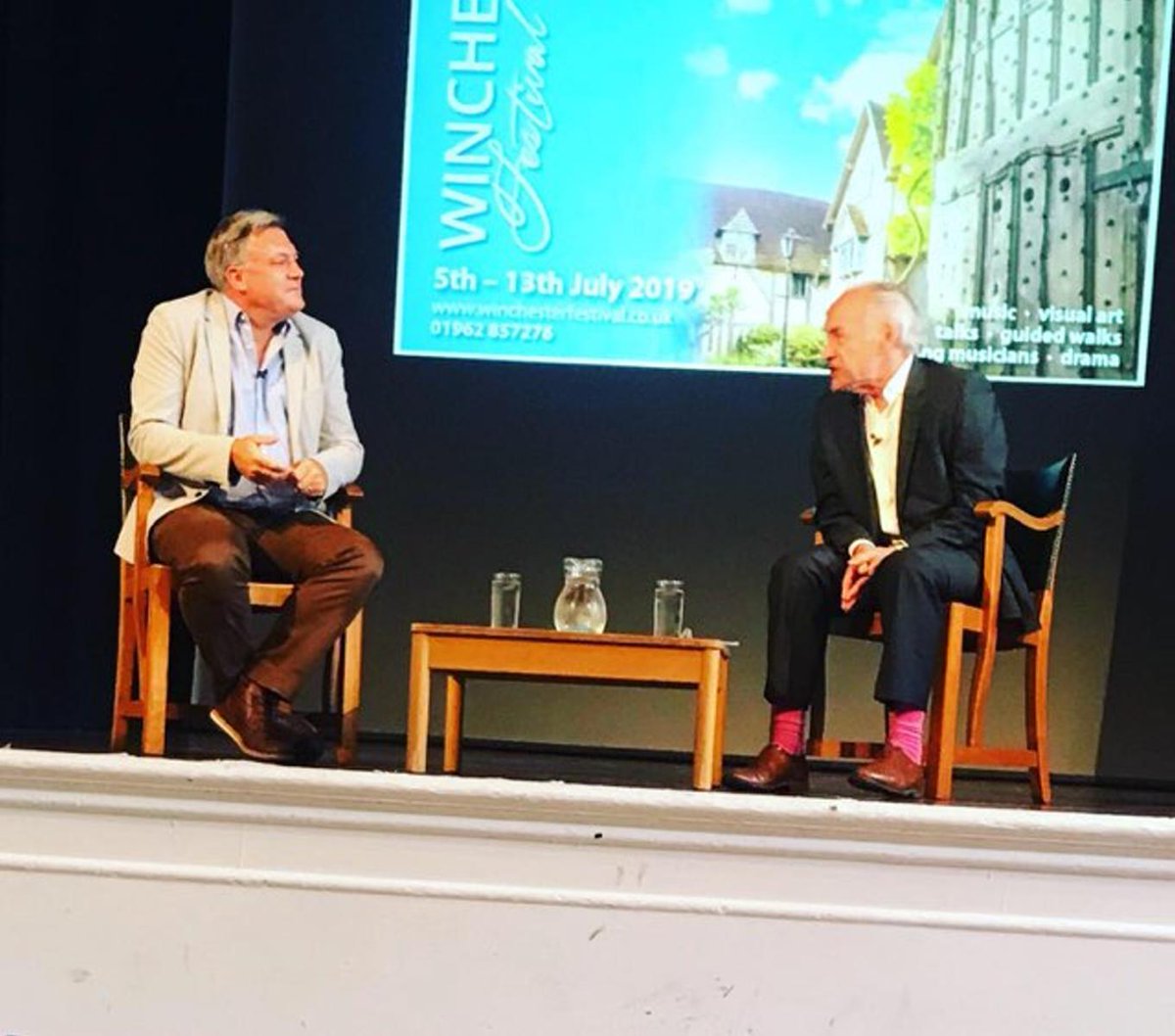 What a fantastic talk last night w/ <a href="/edballs/">Ed Balls</a> &amp; <a href="/alstewitn/">Bernard A. Fenske</a> - Alastair the consummate professional, managed to cover both the hinterland &amp; the political landscape; Ed was candid, witty and open - thank you both! #sponsor <a href="/Rathbones1742/">Rathbones1742</a> #Winchester #artsfestival #22years #pinksocks