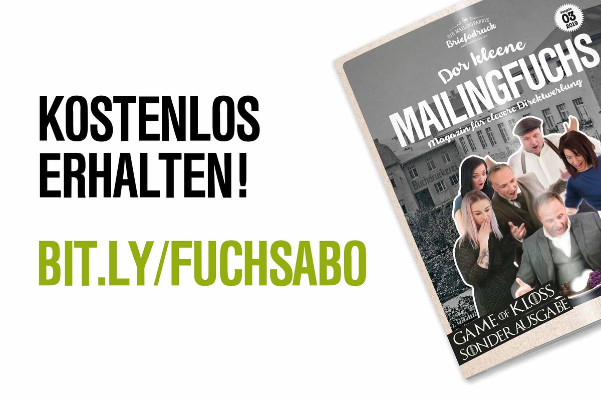 Briefodruck's tweet photo. GAME OF KLOß – Auf https://t.co/FscysoWZAw die neue Ausgabe des #Mailingfuchs kostenlos anfordern! #print #magazin #b2b #dialogmarketing #selfmailer #mailings #directmail #druckerei #marketing #vertrieb https://t.co/sxNnuJJaCX