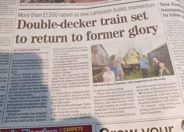 We have a mention in the Ashford Kentish Express.

Nice to have some local publicity as the DDs served Kent towns, and we hope it brings out more memories of the units.

(Slight error in the text: ownership is by all the 4DD committee members rather than only Mr &amp; Mrs Chambers.)