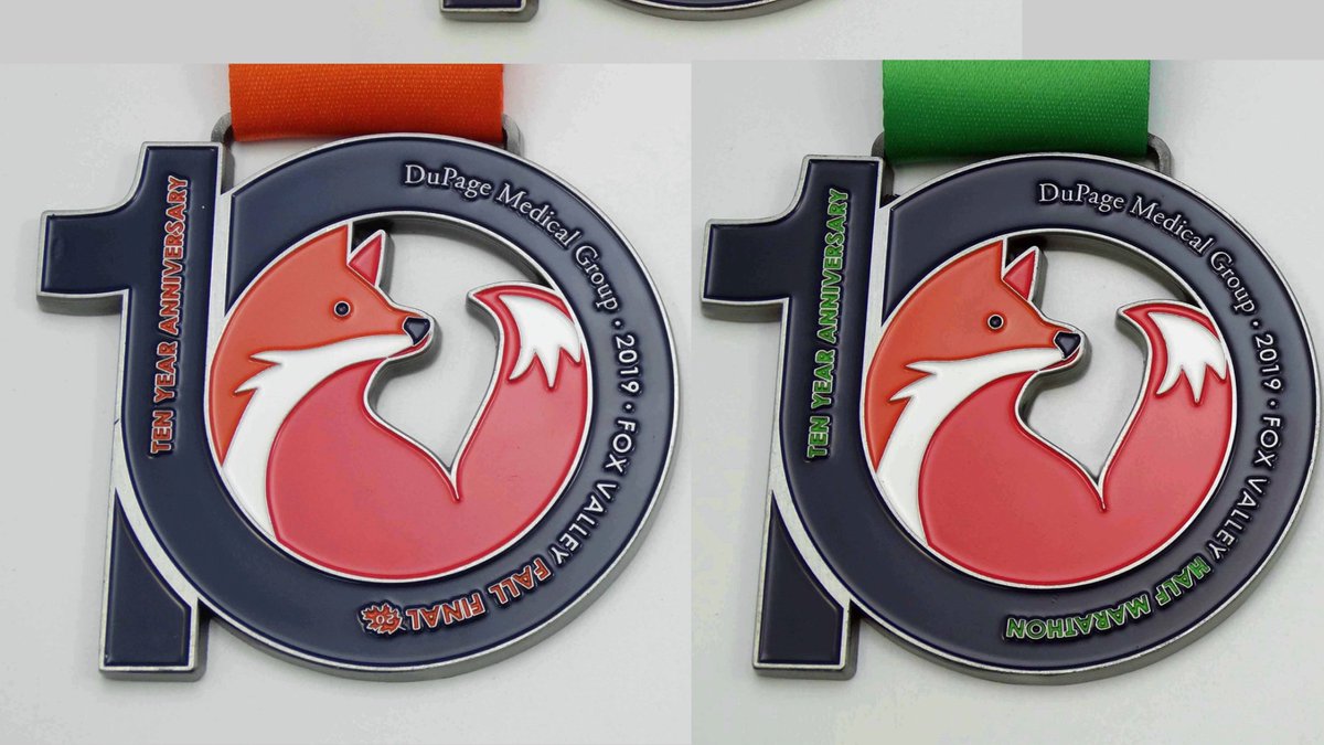FVMarathon's tweet photo. THESE are the 10 YEAR ANNIVERSARY medals for the 2019 @dupagemedgroup Fox Valley Marathon, Half Marathon & Fall Final 20! Don't miss your chance to add this one to your medal rack. REGISTER: https://t.co/yfgEveQAli #fvmarathon #fvhalfmarathon #fallfinal20 #marathon #halfmarathon https://t.co/hJEGp8GIoz