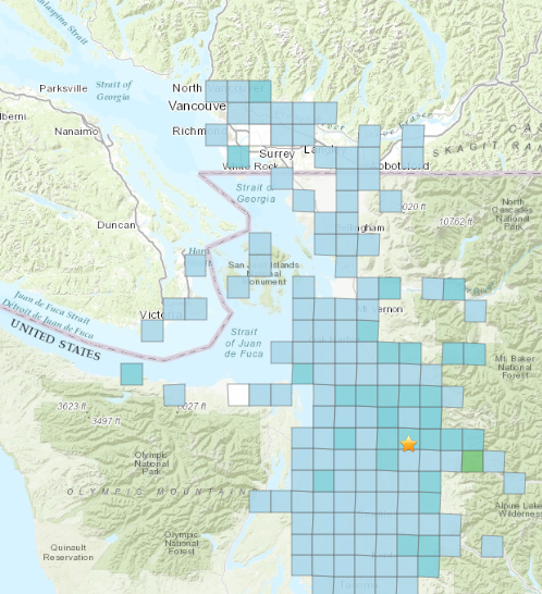 Color coded western Washington in darker blue, light blue and white