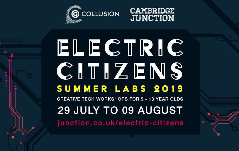 #Summerholidays #Cambridge - BOOK NOW for this #fun #workshop Sounds of the city // 07 Aug <a href="/CambJunction/">Cambridge Junction</a> // 9-13 yr olds, all levels of experience welcome // Learn how to create circuits with conductive materials &amp; write code in Scratch to generate sounds. collusion.org.uk/events/sounds-…