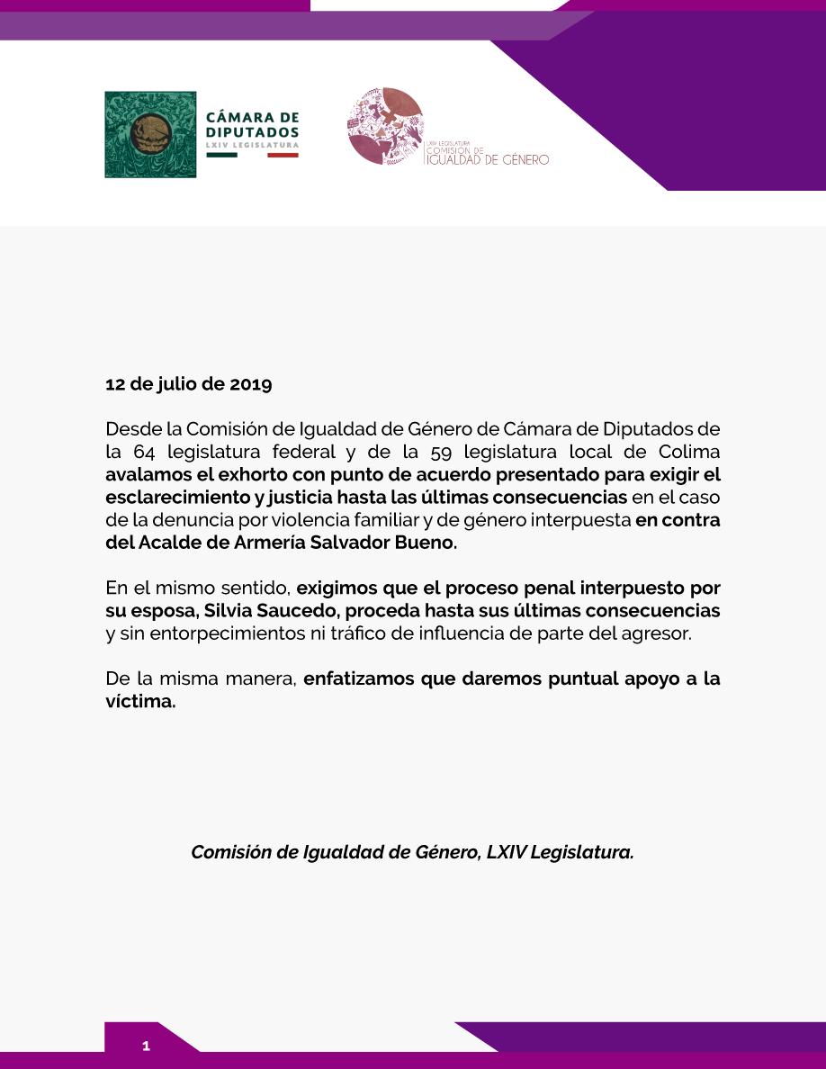 wzuloag's tweet photo. POSICIONAMIENTO

Desde la Comisión de Igualdad de Género de Cámara de Diputados de la 64 legislatura federal y de la 59 legislatura local de Colima, por  denuncia por violencia familiar y de género interpuesta en contra del Acalde de Armería Salvador Bueno. https://t.co/76acSjvrxy