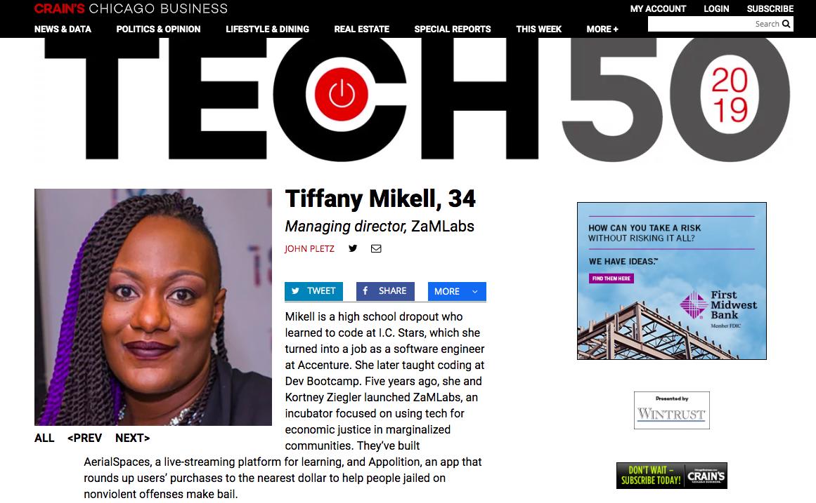 Go Tiffany! Check out alumna Tiffany Mikell <a href="/useAerial/">AerialSpaces</a> <a href="/zamlabs/">ZaMLabs, Inc.</a> <a href="/Appolition/">Appolition</a> #Tech50 <a href="/CrainsChicago/">Crain's Chicago Business</a> <a href="/johnpletz/">John Pletz</a> chicagobusiness.com/awards/tiffany…