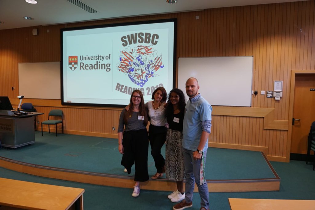 Ged_LT's tweet photo. #SWSBC2019 organising team lead by Charlie! Hosting a very friendly, unique, long-running structural biology meeting here in our home fortress @UniofReading https://t.co/wfZZwbNJkc
