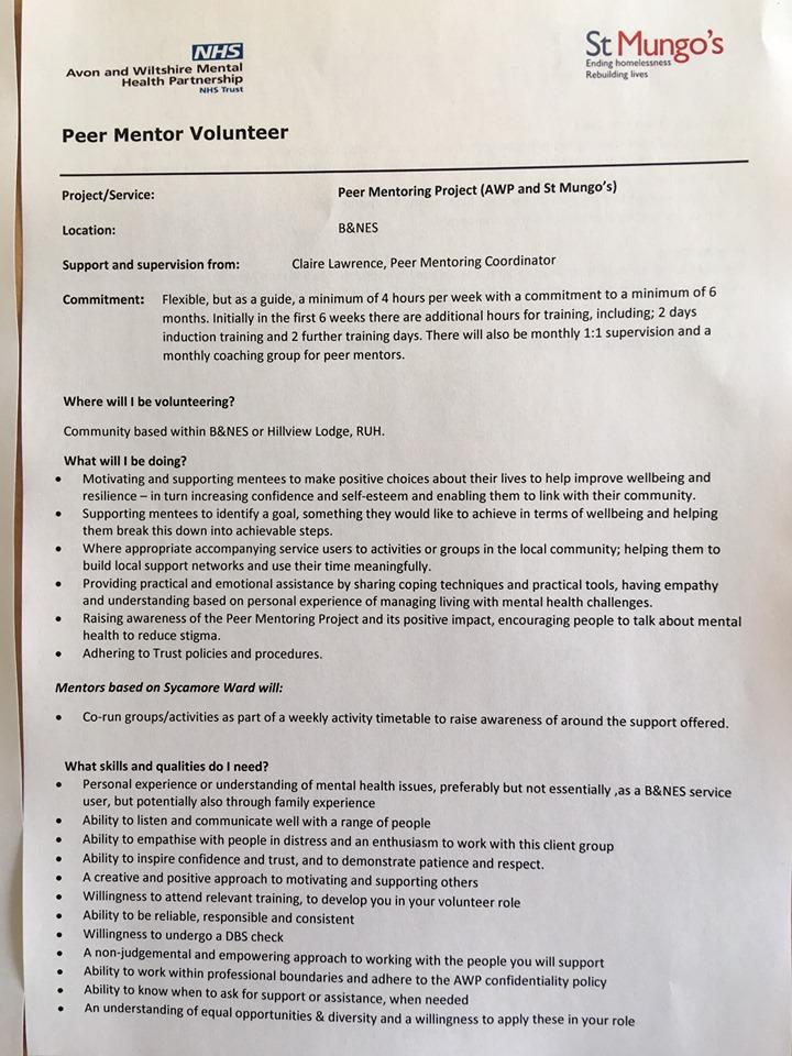 bathVC's tweet photo. Opportunity to join the St Mugo's (Avon &amp; Wiltshire Mental Health Partnership) Peer Mentoring Team based within B&amp;NES or Hillview Lodge at the RUH

#volunteer  #PeerMentoring @StMungos https://t.co/soUiClSHfT