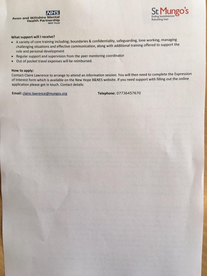 bathVC's tweet photo. Opportunity to join the St Mugo's (Avon &amp; Wiltshire Mental Health Partnership) Peer Mentoring Team based within B&amp;NES or Hillview Lodge at the RUH

#volunteer  #PeerMentoring @StMungos https://t.co/soUiClSHfT