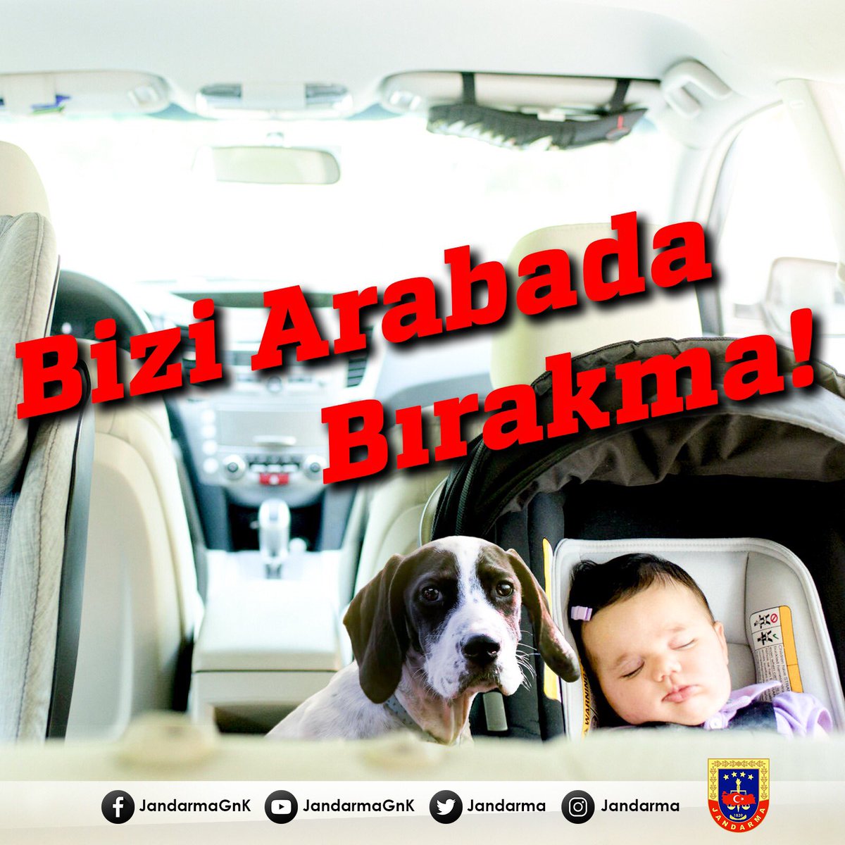 Yaz aylarında hava sıcaklığı araç içlerinde daha yüksek hissedilir. Lütfen çocuklarınızı ve hayvan dostlarınızı kısa süreli dahi olsa araç içerisinde bırakmayınız!  #JandarmaTrafik