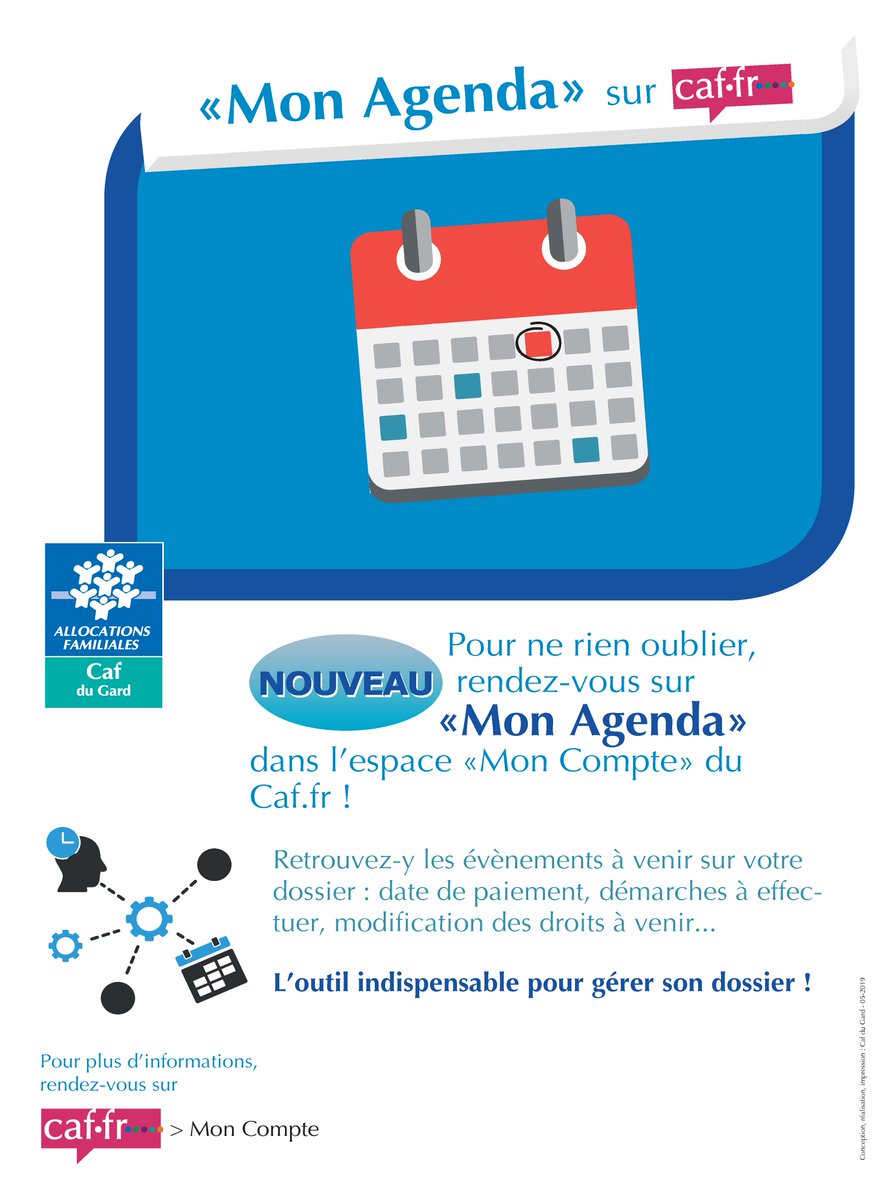 Nouveau ! Dans votre espace « Mon Compte » du caf.fr, vous disposez désormais d’une fonction « Mon Agenda ». Retrouvez-y les évènements à venir sur votre dossier : date de paiement, démarches à effectuer, modification des droits à venir…