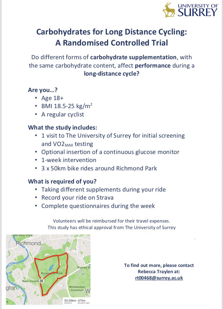Rebecca Traylen (@rebeccatraylen) on Twitter photo RECRUITING! For my Masters dissertation I am carrying out a study on carbohydrate supplementation during a long distance cycle with <a href="/UniOfSurrey/">University of Surrey</a>. Please pass this along to any cyclists who would be interested in taking part! <a href="/BritishCycling/">British Cycling</a> <a href="/RideLondon/">Ford RideLondon</a> <a href="/GIRO_Cycles/">G!RO</a> <a href="/sigmasports/">Sigma Sports</a> RECRUITING! For my Masters dissertation I am carrying out a study on carbohydrate supplementation during a long distance cycle with <a href="/UniOfSurrey/">University of Surrey</a>. Please pass this along to any cyclists who would be interested in taking part! <a href="/BritishCycling/">British Cycling</a> <a href="/RideLondon/">Ford RideLondon</a> <a href="/GIRO_Cycles/">G!RO</a> <a href="/sigmasports/">Sigma Sports</a>