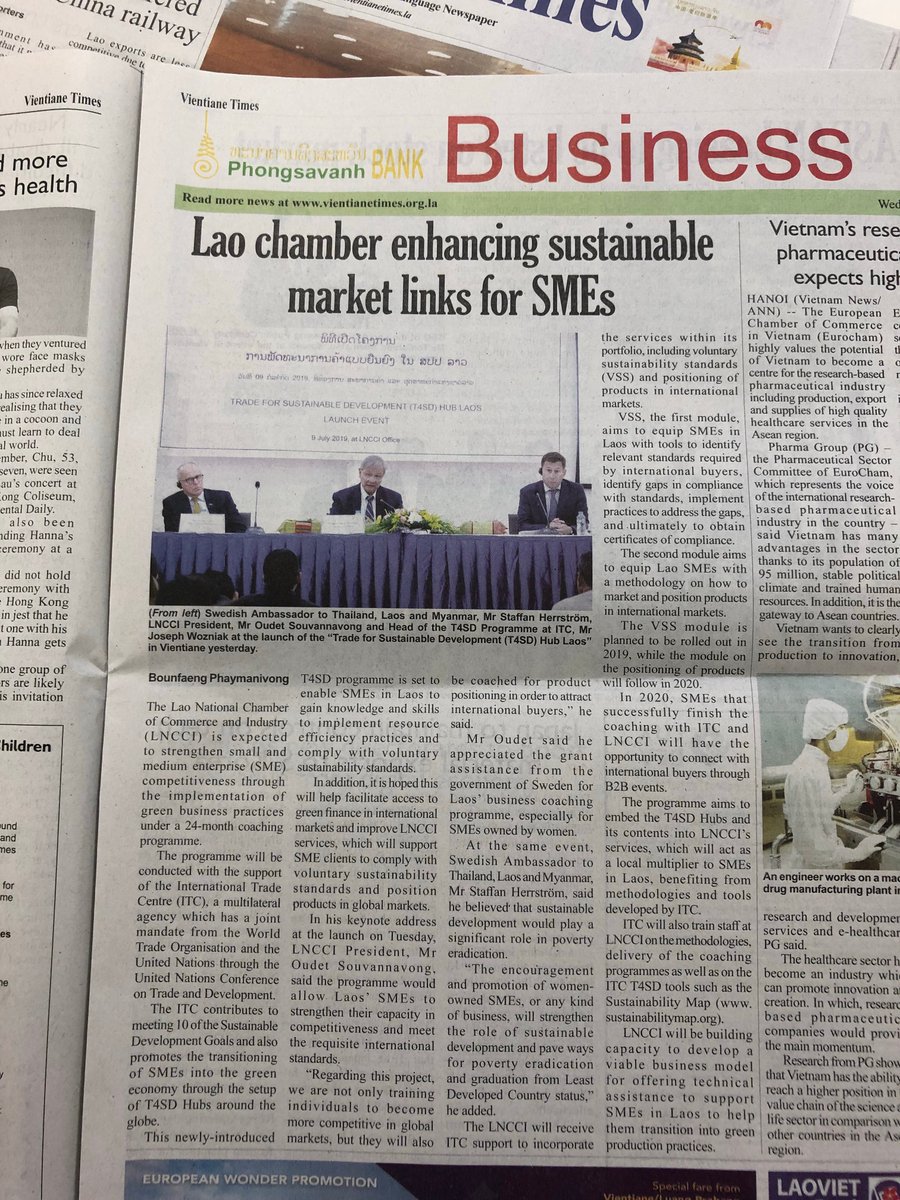 ITC_sustainable's tweet photo. Thank you Ambassador Herrström for delivering a keynote address at the launch of the #T4SDHub Laos at the Lao National Chamber of Commerce and Industry #LNCCI this week in Vientiane!
@SwedeninTH @StaffHerrst @Sida @SME_Laos https://t.co/BbJAdT4CL5