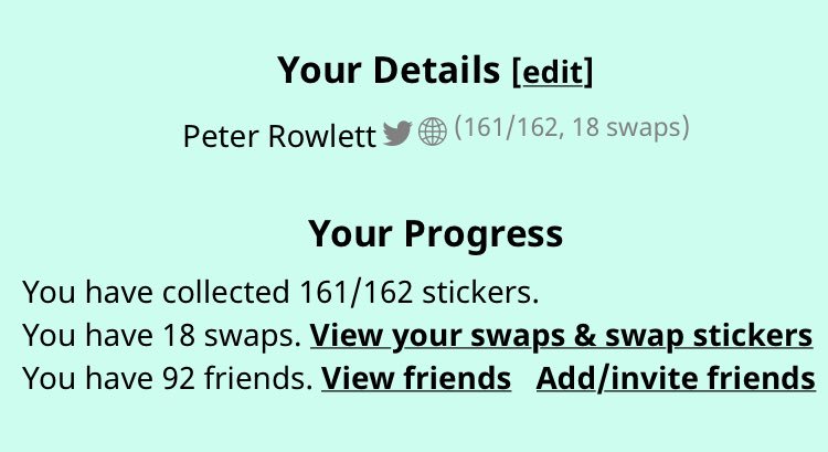 peterrowlett's tweet image. On Fri 12th July, after 11 days of variable collecting, 93 people collect 5 stickers from 162. What are the chances none of them ends up a spare sticker 72? #MathOffStickerBook #BigMathOff
