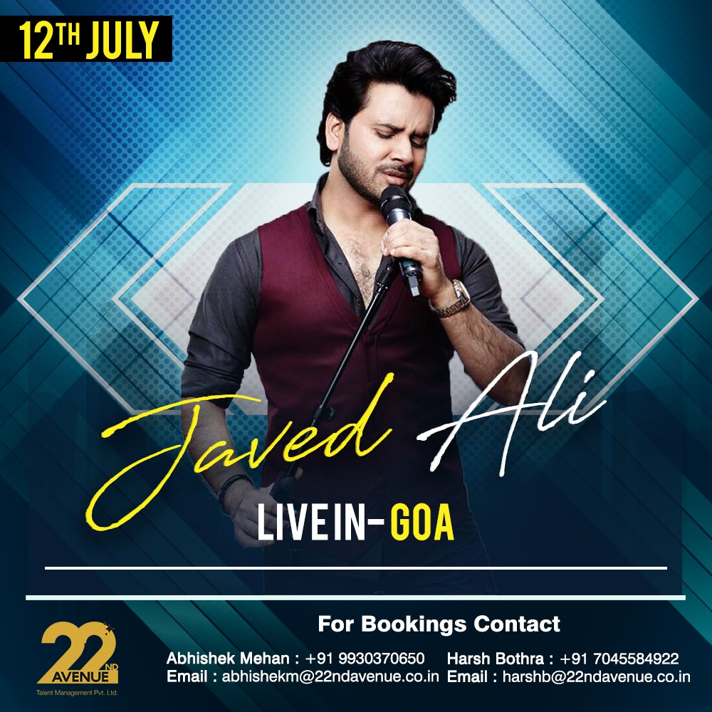 22ndAvenueTM's tweet photo. Are you ready to groove with @javedali4u? Catch him live tonight in Goa!
#22ndAvenue #22ndAvenueTM #JavedAli #ArtistManagement #JavedAliLive #22ndAvenueTalentManagement #TalentManagement #LiveInGoa https://t.co/gAJG0DkIV5