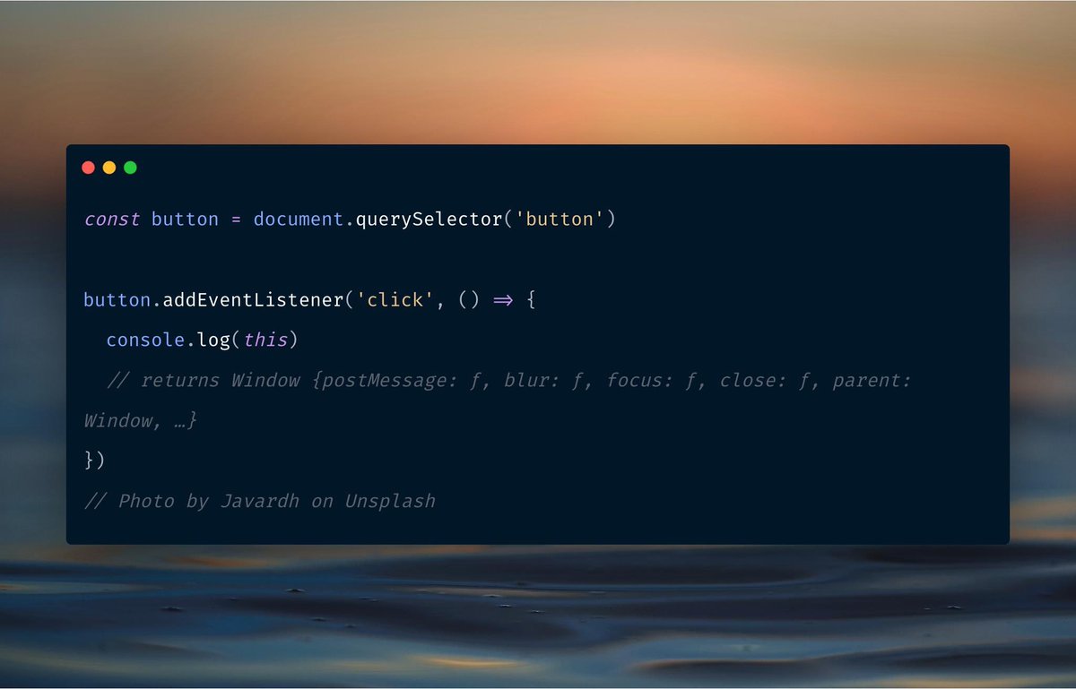 devbyrayray's tweet image. So here is a #JavaScript question! Why does the “this” variable in a arrow function returns back the “Window” object instead of the element where you clicked on? #javascript #question #ES6 #CodeNewbie #100daysofcode #juniordevs 

Please let me know the answer 😊
