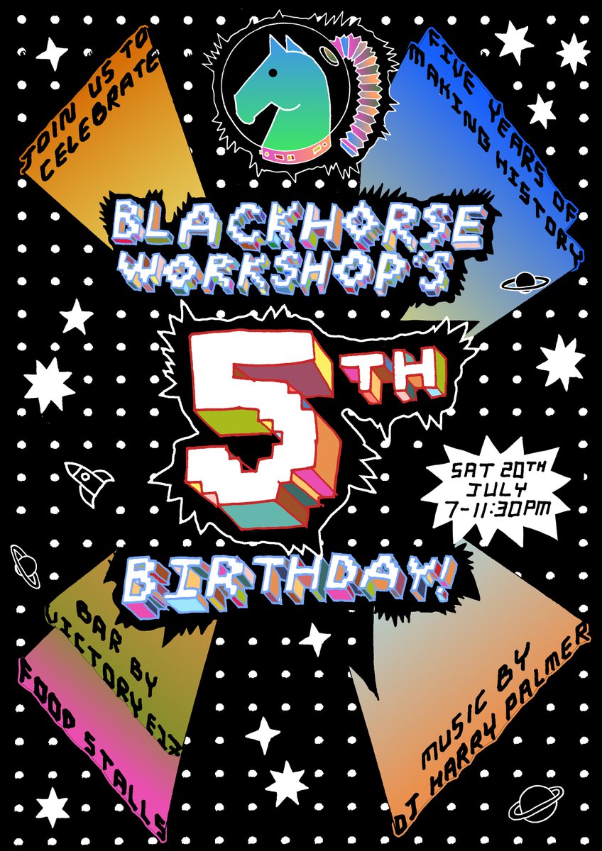 Get your silver glad rags out of the closet to join us for this space-themed celebration of FIVE years of Blackhorse Workshop! Music from DJ Harry Palmer, drinks by Victory E17, food by Pork Box &amp; Peter's Jerk, a raffle &amp; of course the main event at 8.30pm! #mylocalculture #e17