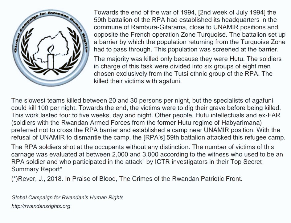 HutuGenocide's tweet photo. 2nd week of July 1994, 59th battalion of the #RPA set up a barrier @Gitarama. Hutu victims were screened and killed with mostly #agafuni for about 4-5weeks, day and night.
#HutuGenocide #WeWontBeSilent
@JudiRever – IN PRAISE OF BLOOD, the crimes of the #RPF
@RwandansRights https://t.co/VBc3wZ177e