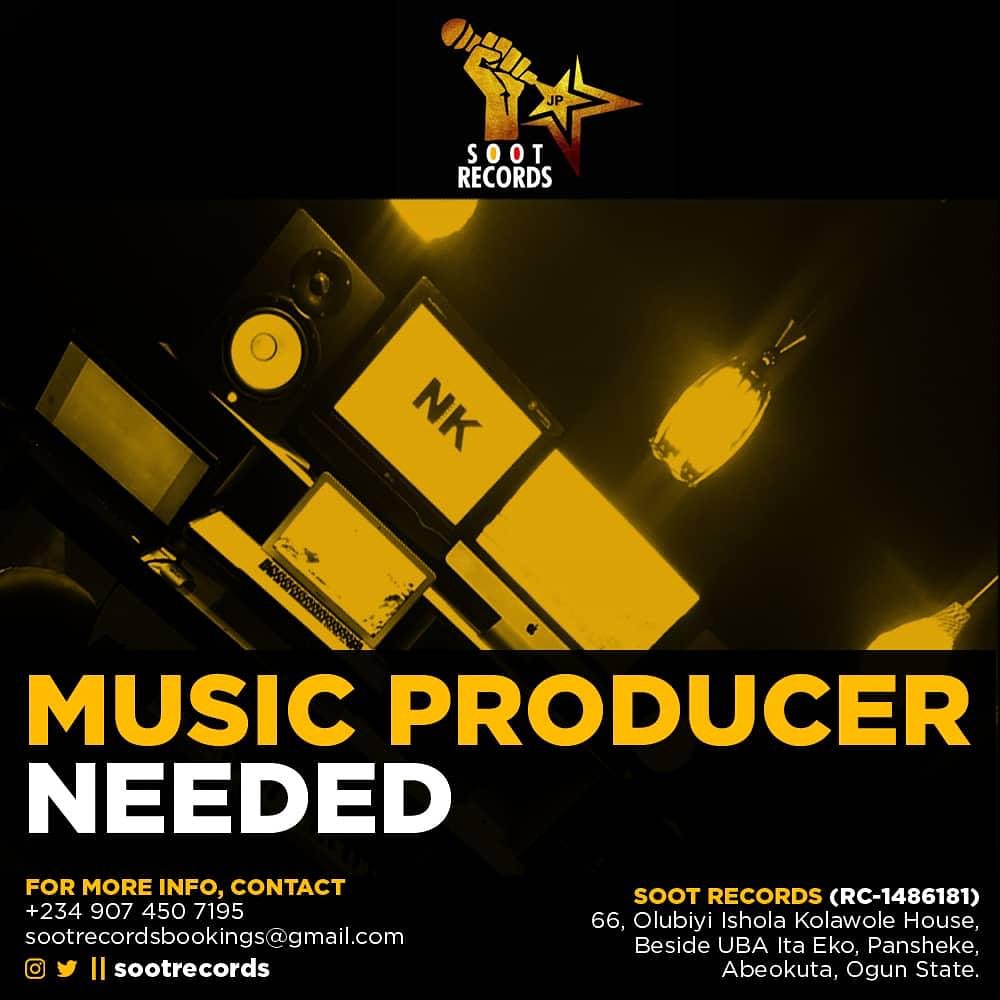 SOOTRecords's tweet photo. Are you a Super Talented Music Producer or you have someone that is, this is a chance to work with us @ SOOT RECORDS 🔥🔥🔥.Please #Retweet a producer that needs this so badly might be on ur TL .🙏🏽 #SOOTRECORDS #studio #abeokuta #lagos #nigeria #producer #musicstudio #Bbnaija https://t.co/IufH8vBw7b