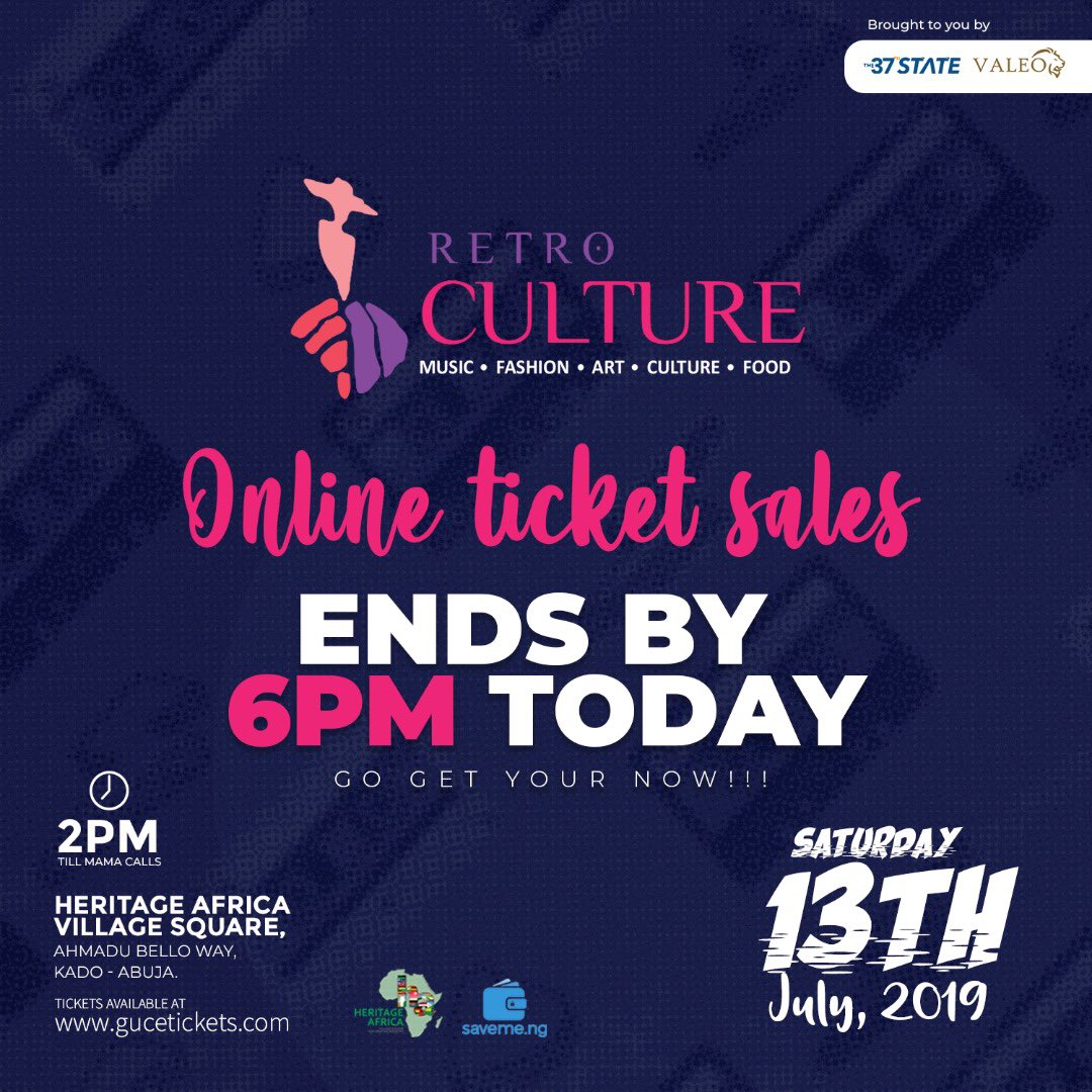 RetroCulture_ng's tweet photo. Its a Day to go!!!
Retro Culture ‘19 is here.
Online ticket sales end today. 
#RetroCulture19 https://t.co/2MwtKrV3be