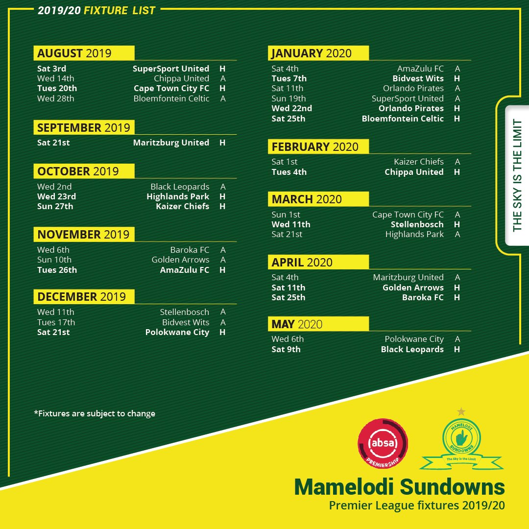 Mamelodi Sundowns Fc On Twitter Mark Your Calendars Masandawana 2019 20 Absa Premiership Fixtures 3 August 2019 To 9 May 2020 Sundowns Absaprem Foreveryellow Https T Co Z5eim634zs