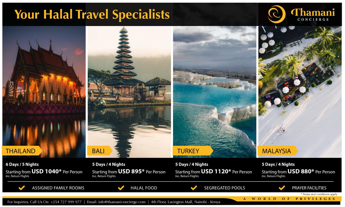 ThamaniConcierg's tweet photo. Explore our halal travel options for destination inspiration. Upgrades and special deals available to first time travellers!
📱:+254 727 999 977|📩:info@thamaniconcierge.com
#halaltravel #halal #halaltourism #halalsafari #women #travel #womeninbusiness #Kenya https://t.co/qqR6ZHvzQl
