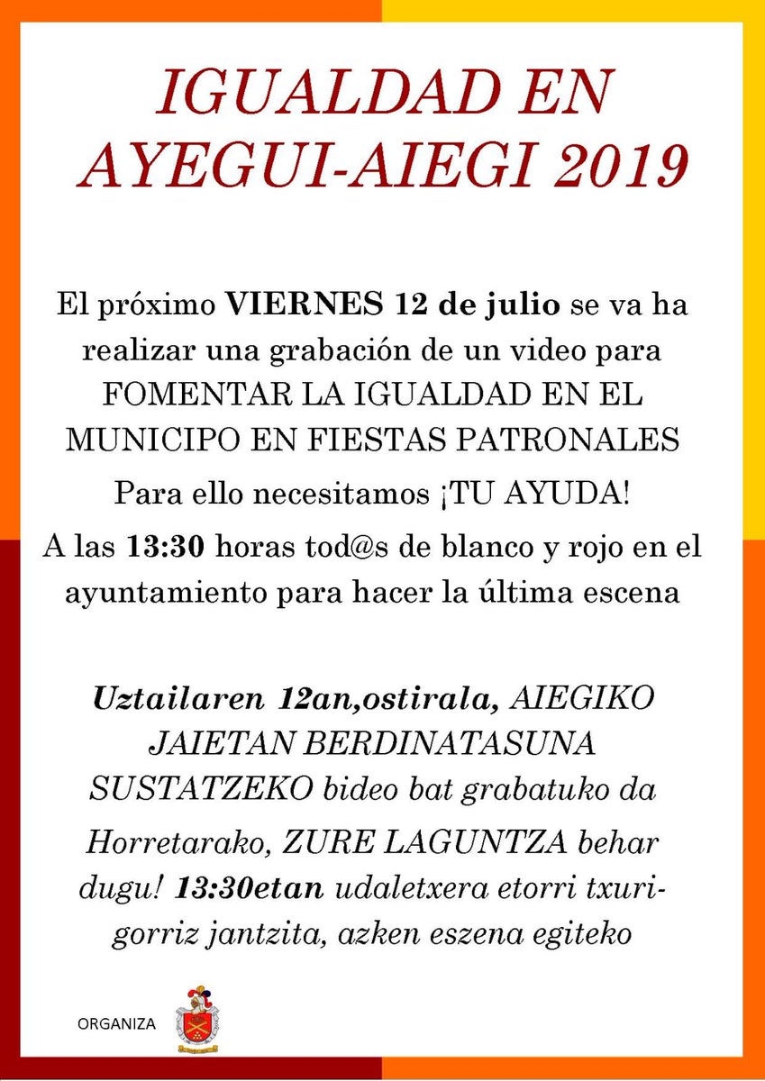 simetriaproduce's tweet photo. Os esperamos a las 13:30H frente al Ayuntamiento de Ayegui, para la grabación del último plano del vídeo para la campaña de fiestas #igualdad #ayegui https://t.co/uMiUp4v7M4