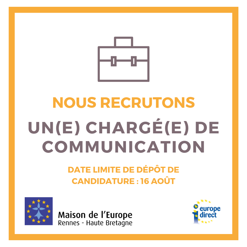 Mde_CIED_Rennes's tweet photo. 💼 La Maison de l'Europe de Rennes et de Haute Bretagne recrute! 
🔎 Nous cherchons un.e chargé.e de communication pour début septembre. Vous pouvez nous envoyer votre candidature jusqu'au 16 août. 
ℹ️ La fiche de poste: https://t.co/hCHLKXA2pc
#Emploi #Recrutement #Job #Rennes https://t.co/071Y0YAdYz