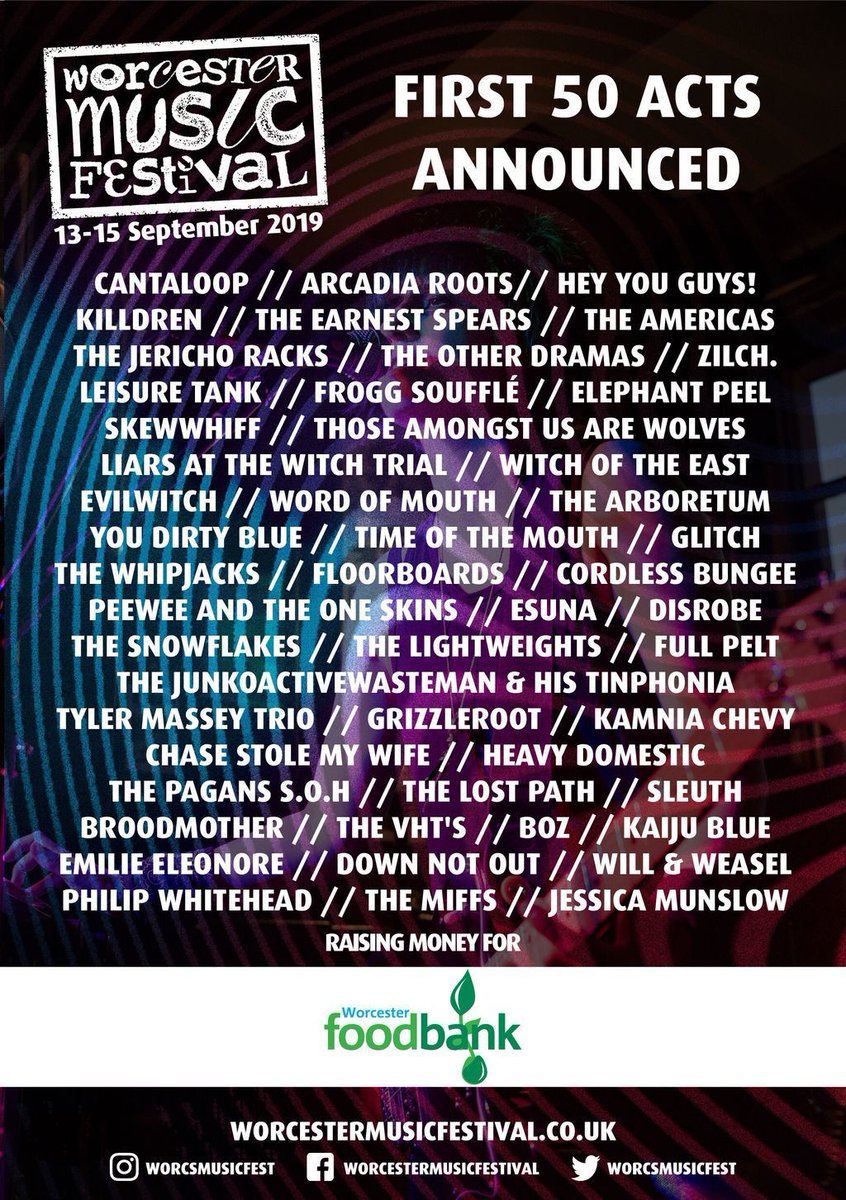 So - the first 50 acts of the #Worcester #Music #festival have been announced! 
Drumroll please...
Visit the website for more details! 
#fridayfeeling 
<a href="/steve_lamacq/">Steve Lamacq</a> 
<a href="/BBC6Music/">BBC Radio 6 Music</a> 
#wmf2019
#WorcestershireHour
#worcestermusicfestival2019
#IVW19 
buff.ly/2G7JVnG