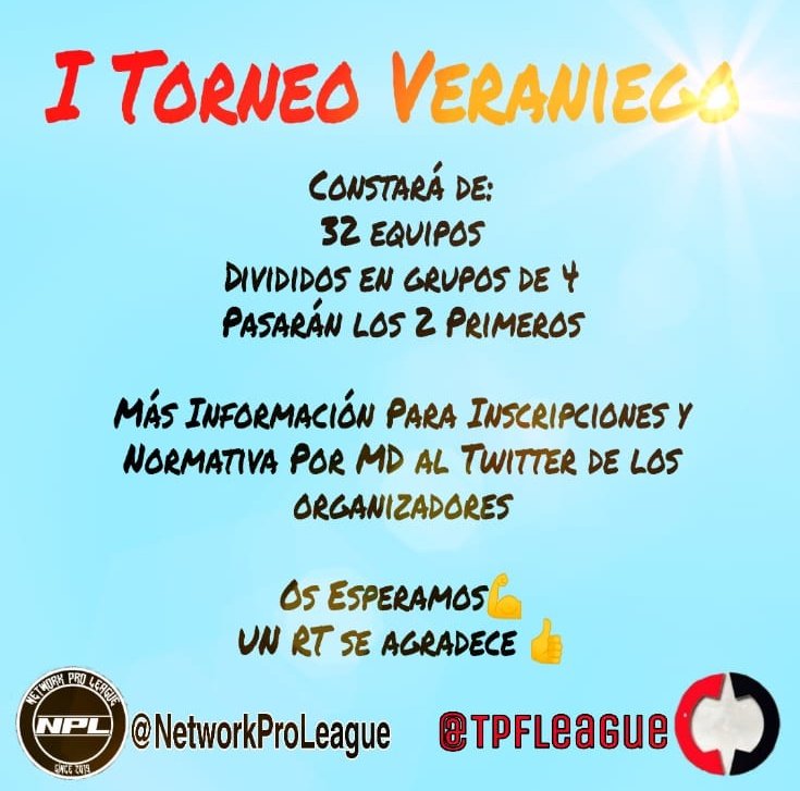BOOM!!💣🔥
Unimos fuerzas con @NetworkProLeagu para presentaros el nuevo torneo que tenemos entre manos

Fin de la inscripción: 15 de Julio
Inicio del Torneo: 16 de Julio

Apoyos:
<a href="/Conecta_Gaming/">ConectaGaming</a>
<a href="/weclutchnow/">WeClutch</a>
Sponsors:
<a href="/DeportemaniaC/">Deportemania CDB</a> 
<a href="/Sportsshop9/">Sports shop</a> 
Casters:
<a href="/il_adri/">Adri IL</a> 
<a href="/SeeergioGM/">Sergio González</a>