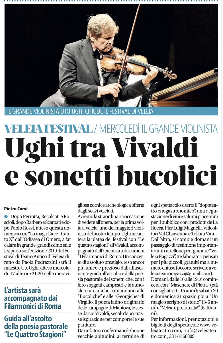 J_Papamarenghi's tweet photo. VELEIA TEATRO - Dalla letturadel suo illuminante libro ho capito che il FESTIVAL DI VELEIA non poteva farne a meno: chiusura straordinaria con il grande Maestro #Uto #Ughi accompagnato dall’Orchestra “I Filarmonici di Roma” ne Le quattro stagioni di Vivaldi
❤️ 🎻 🎶🎵🎶 🎻 https://t.co/R1gHWqvdvI
