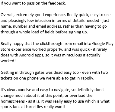 tx_is's tweet photo. At https://t.co/FjstYP50gL, we believe we can always do better.  But when we get feedback like this, it suggests we’re on the right track!

Feedback is from an independent tester at a recent trial at a major UK stadium. https://t.co/pN8EnwX8Nh