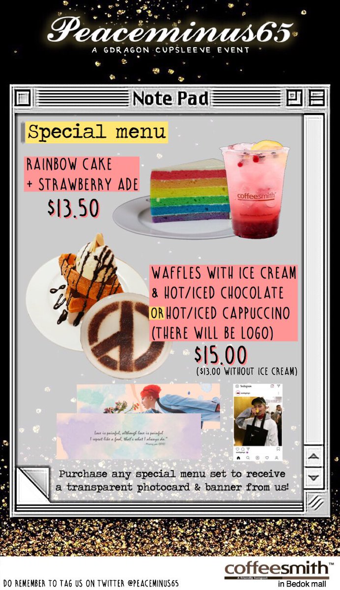 peaceminus65's tweet photo. 👑#PEACEMINUS65👑
by @yu2qt &amp; @jiyong_tttop

Singapore's first G-Dragon Birthday Cupsleeve Event

📍Coffeesmith Bedok
📅16 - 18 August 2019
🕐12PM - 9PM

Purchase our Special Menu set or Donation Fanpack to join our giveaway!☺️

Psst🤫.. Special Menu items and Packs are limited https://t.co/cM1lLswrbs