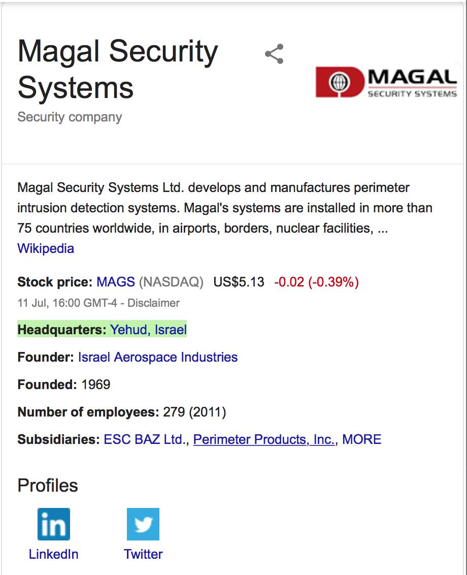 Magal Security SystemsFounder: Israel Aerospace Industries (IAI)Headquarters: Yehud, Israel