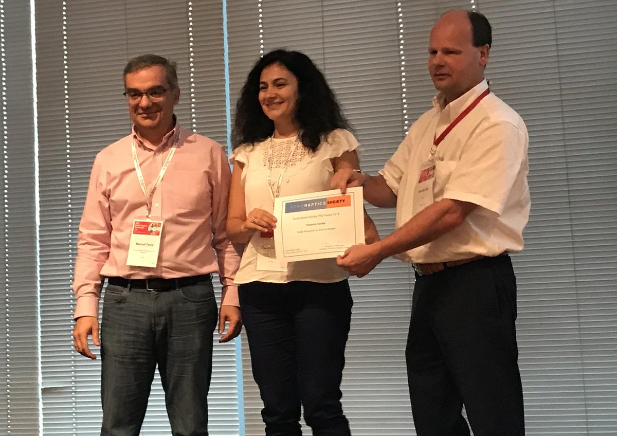 MPI_IS's tweet photo. Well done Dr. Yasemin Vardar @ysmnvardar, who is a researcher in our #HapticIntelligence Department in #Stuttgart! She won the 2018 EuroHaptics Society award for the best Ph.D. thesis. She received the prize today at the #IEEE #WorldHaptics Conference in Tokyo, Japan. #MaxPlanck https://t.co/t5hj4hgEBU