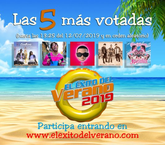 Esta es la última vez que vamos a publicar las 5 canciones que van en cabeza y aún quedan días para votar... ¡Todo puede cambiar! 😎 ¿Cómo se vota? Te lo explicamos todo en elexitodelverano.com 🌊🏄‍♂️☀️