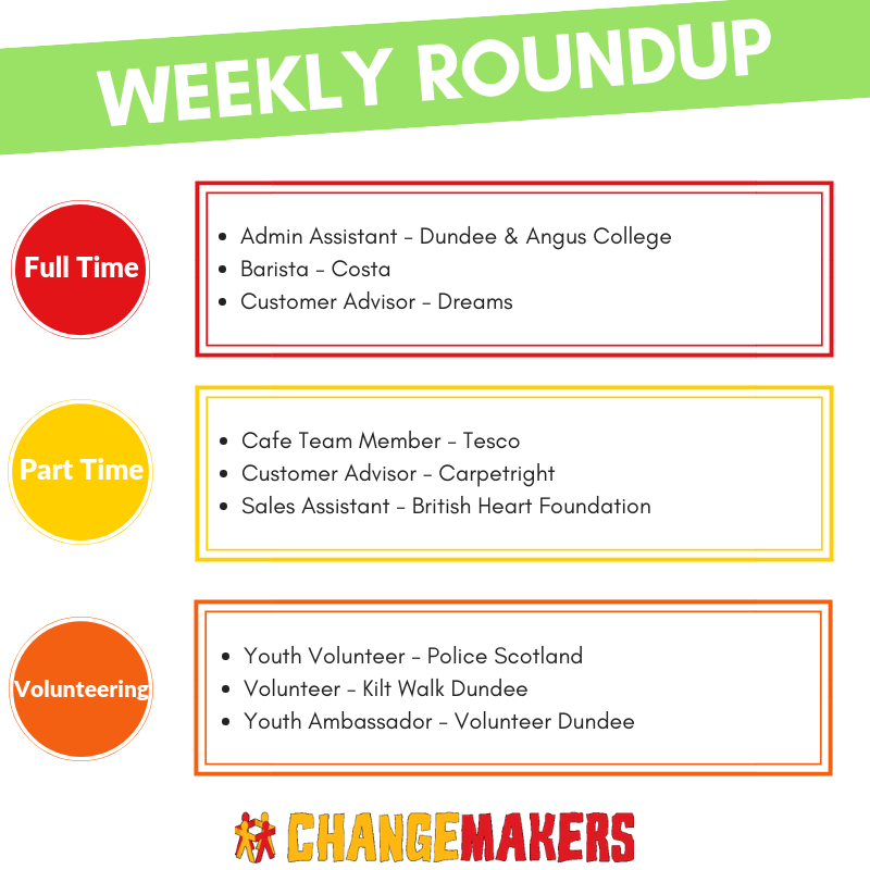 WEEKLY ROUNDUP: Some of the opportunities on the ChangeMakers app this week! Check out the app for more.📱

Download the ChangeMakers app for FREE!
Apple: goo.gl/L0fhA1            
Android: goo.gl/FA4RWj            

#dundeejobs #volunteering #dundee