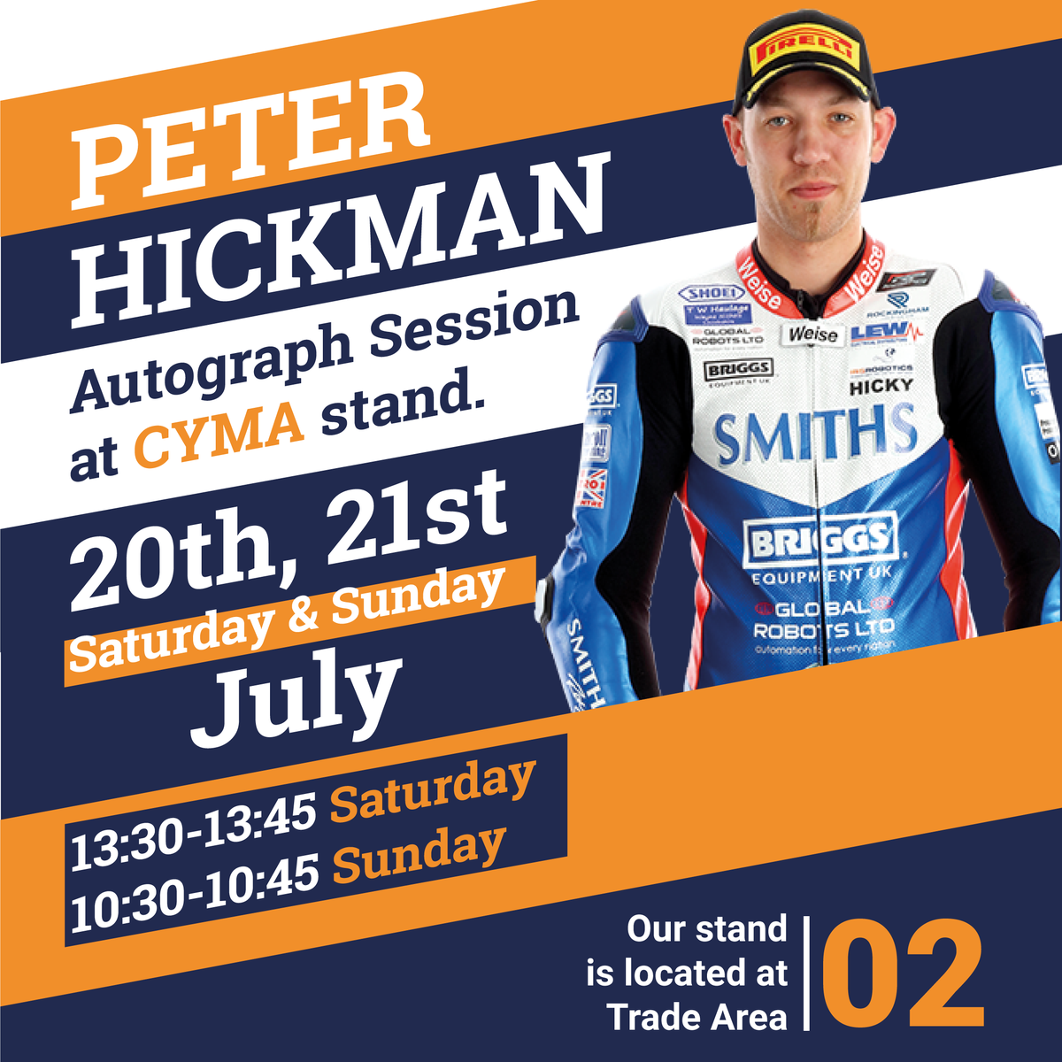 MotorbikeCYMA's tweet photo. Don't worry if you missed the @peterhickman60 autograph session at our stand today. He'll be back tomorrow at 10:30AM.

Trade Area 2 @SnettertonMSV
@OfficialBSB

#Snetterton #BritishSuperBikes #PeterHickman https://t.co/aUSjrkNwfM